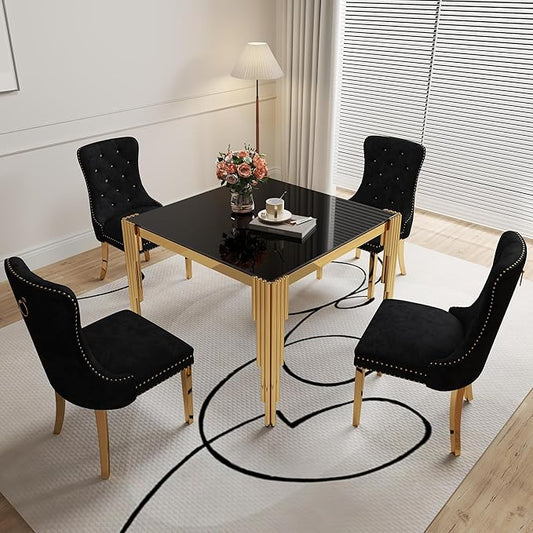 5 Piece Glass Dining Table Set, 35" Square Tempered Glass Kitchen Table with 4 Black Velvet Upholstered Chairs, Dining Chairs Set of 4 for Kitchen, Living Room (Black, Gold)