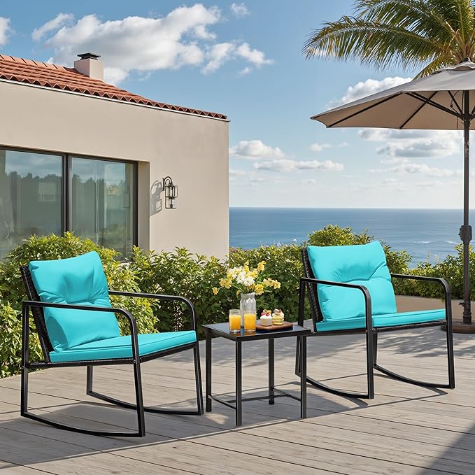 Greesum 3 Pieces Rocking Wicker Bistro Set, Patio Outdoor Furniture Conversation Sets with Porch Chairs and Glass Coffee Table, Blue