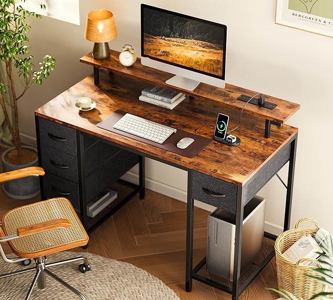 Huuger 47 inch Computer Desk with 4 Drawers, Gaming Desk with LED Lights & Power Outlets, Home Office Desk with Large Storage Space for Bedroom, Work from Home, Rustic Brown and Black