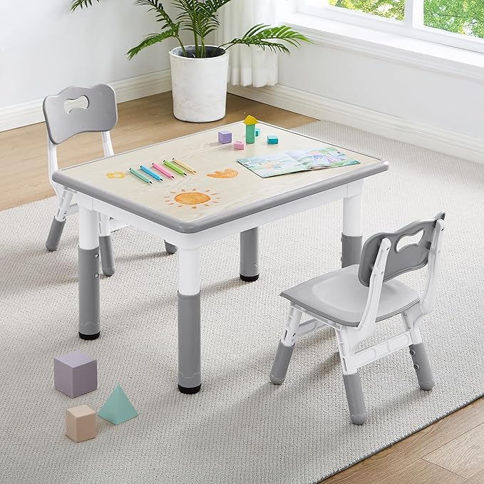 Adjustable Kids Table Chairs Set – Graffiti Desktop, Multi-Activity Height-Adjustable Toddler Study Desk for Ages 3-8 – Ideal for Home, Classroom, Daycare (W-Gray, 2 Chairs-31.5" L x 23.6" W)