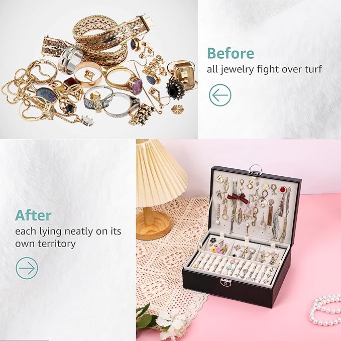 BOOVO Earring Jewelry Box For Women Girl Stud Organizer, 4 Layers Girl Jewelry Organizer Box With Lock Earring Holder Organizer Necklace Ring Jewelry Organizer Box For Girls (Black, 4 layer)