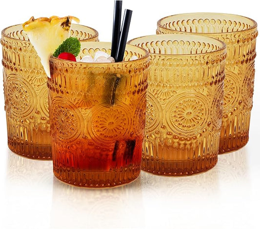 IMPULSE! Tuscan Rocks Glass Set - Amber, Dishwasher Safe, Chic Vintage Style - 8 oz - Ideal for Gin, Mixed Cocktails, Bourbon, Margaritas, Soft Drinks, Beer, Water - Mexican Style Glasses - Set of 4