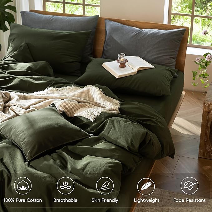 MooMee Bedding Duvet Cover Set 100% Washed Cotton Linen Like Textured Breathable Durable Soft Comfy (Solid Olive Green, Palatial King/Oversized King 120"x98")