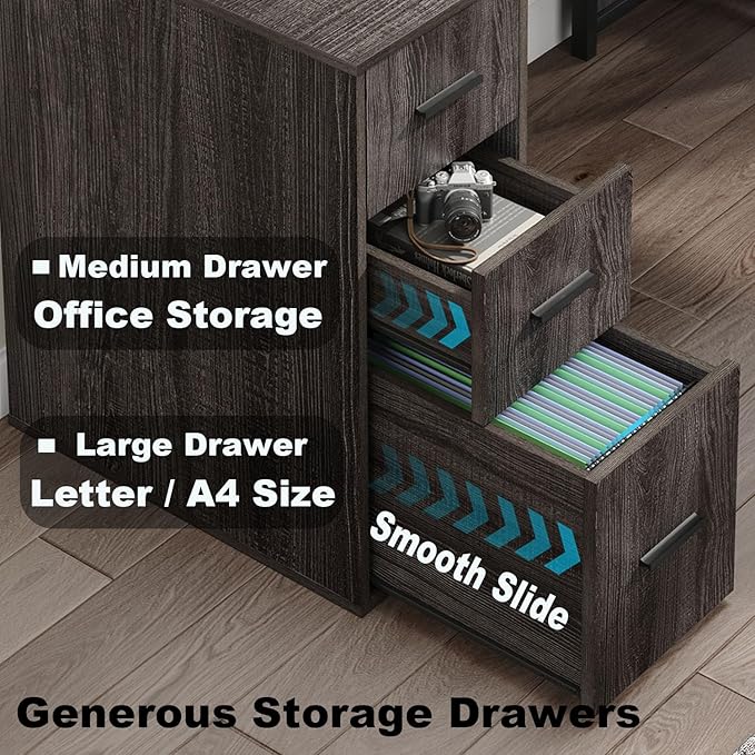 LVB L Shaped Desk, Wood Metal Computer Desk with Drawer, Industrial Corner Home Office Desk with Storage Cabinet for Bedroom, Dark Gray Oak, 59 Inch