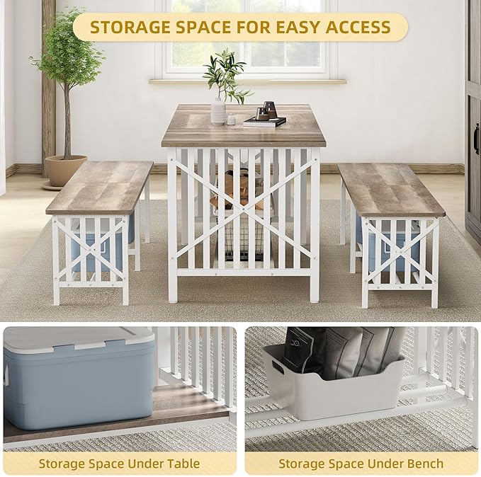 DWVO 3-Piece Dining Table Set for 4-6 People, 63" Dining Room Table with 2 Benches, Industrial Rectangular Dining Room Table Set with Storage for Kitchen, Dining Room, Washed Grey
