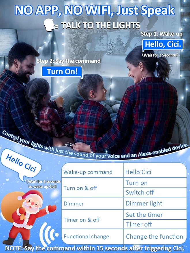 Voice Controlled Smart Christmas Lights Outdoor, 175ft 500 LED Twinkle String Lights with 7 Voice Commands, 12 Modes & Timer, Waterproof Christmas Tree Lights for Party Garden (Cool White)