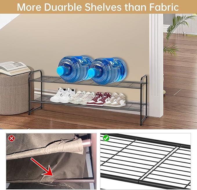 KEETDY 2-Tier Long Shoe Organizer for Closet Metal Shoe Rack for Entryway, Wide Stackable Shoe Shelf Storage with Sturdy Wire Grid for Closet Floor, Bedroom, Black