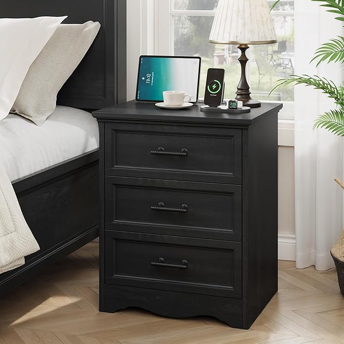 Nightstand Set of 2, Farmhouse Night Stand with Charging Station, Black Wood Bedside Table & End Table with 3 Drawers, Side Table Storage Cabinet with Metal Handles for Bedroom, Living Room