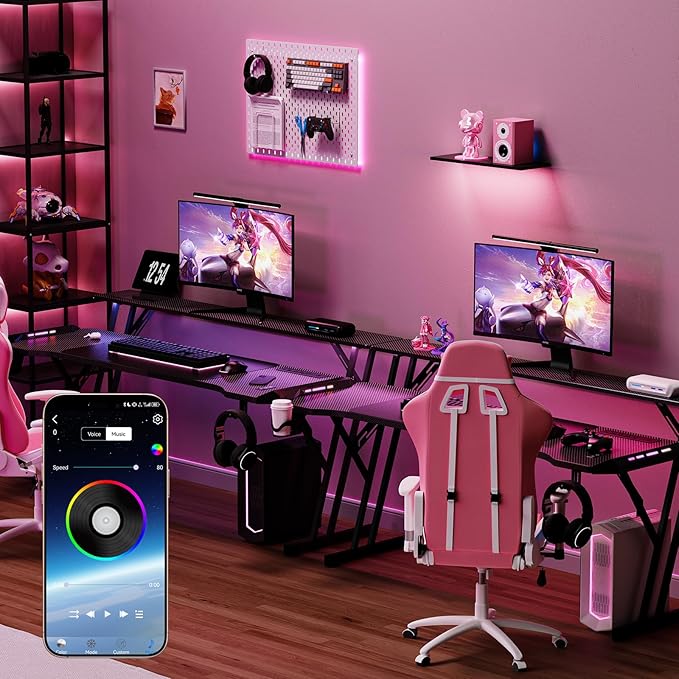 55 Inch Gaming Desk, Smart Computer Gamer Desk with LED Lights & Mouse Pad, Gaming Table with Power Outlet, Monitor Stand, Side Hook, Ergonomic Work Desks for Home Office, Carbon Fiber Black