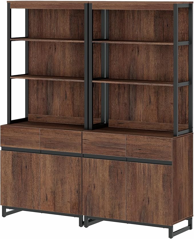 WAMPAT 2 PCS Modern 72" Tall Bookcases with Metal Base and Adjustable Shelves, Library Book Shelf with Storage Cabinet and Open Book Shelfs, Wood Bookshelves for Home Office, Living Room, Brown