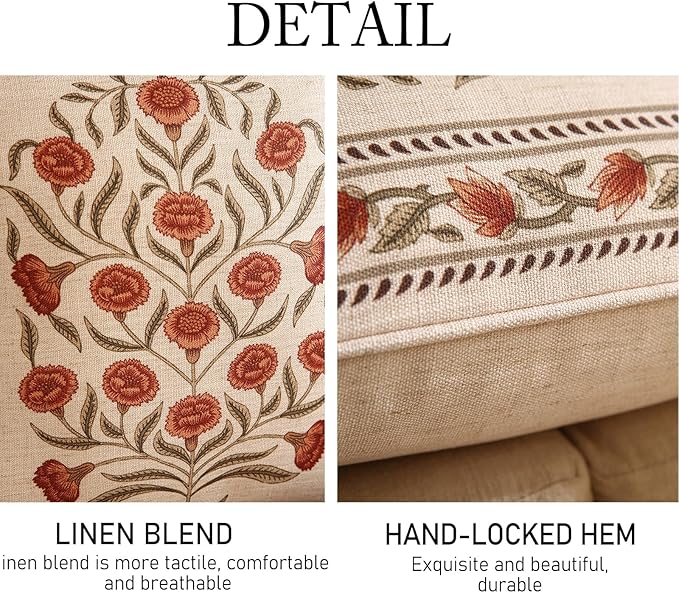 Design Linen Square Vintage Throw Pillow Covers 18"x18" Pack of 2, Brick Red Cushion Covers with Orange Floral Green Leaves Pattern Decoration Pillowcases for Bed,Living Room,Outdoor,Car