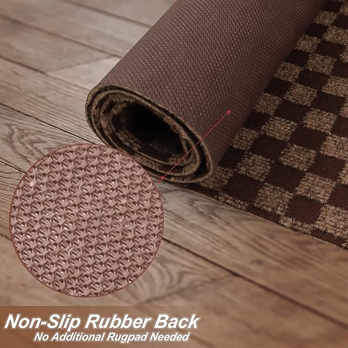 3' x 53' Runner Rugs with Rubber Backing, Indoor Outdoor Utility Carpet Runner Rugs, Checkered Brown, Can Be Used as Aisle for The RV and Boat, Laundry Room and Balcony