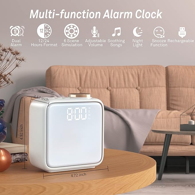 AIRIVO Alarm Clock Night Lights, Built-in Battery Alarm Clock for Bedrooms, 6 Scenes & White Noise Sync, Dual Alarms & Snooze, for Heavy Sleepers, Gifts for Kids Teens