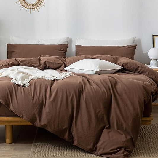 MooMee Bedding Duvet Cover Set 100% Washed Cotton Linen Like Textured Breathable Durable Soft Comfy (Solid Cocoa Brown, Palatial King/Oversized King 120"x98")