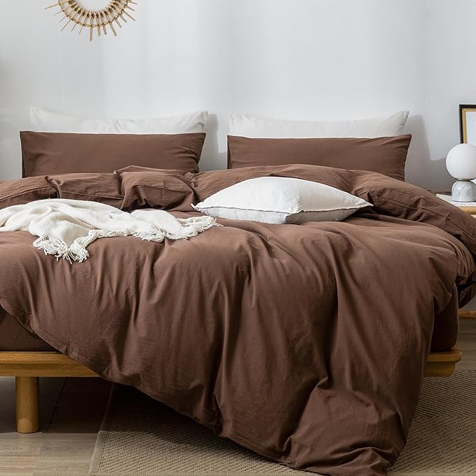 MooMee Bedding Duvet Cover Set 100% Washed Cotton Linen Like Textured Breathable Durable Soft Comfy (Solid Cocoa Brown, Oversized Queen 98"x98")