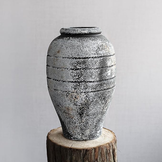 Antique Black Ceramic Flower Vase for Living Room Bedroom 9.06'' Farmhouse Decor for Bouquet Fake Plant Home Decor Office Table Shelf Fireplace Centerpieces Rustic Retro Vintage Classic Modern