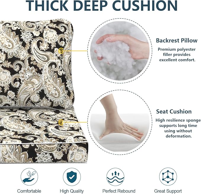 Outdoor Deep Seat Cushions Set 24 x 24 Inch for Patio Furniture,Water Resistant Chair Cushions Replacement Includes Seat Cushion & Back Pillow for Couch Sofa, Wicker Chair - Paisley Black