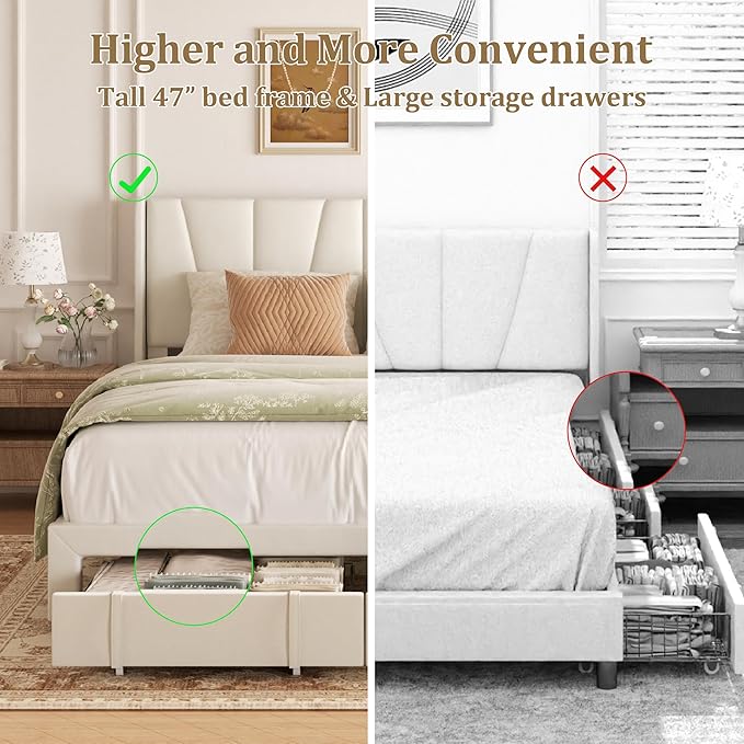 Queen Bed Frame with Storage Drawers, Upholstered Queen Size Platform Bed with 47" Tall Headboard and Wingboard, No Box Spring Needed, Noise Free, Easy Assembly, Wooden Support Slats, Beige