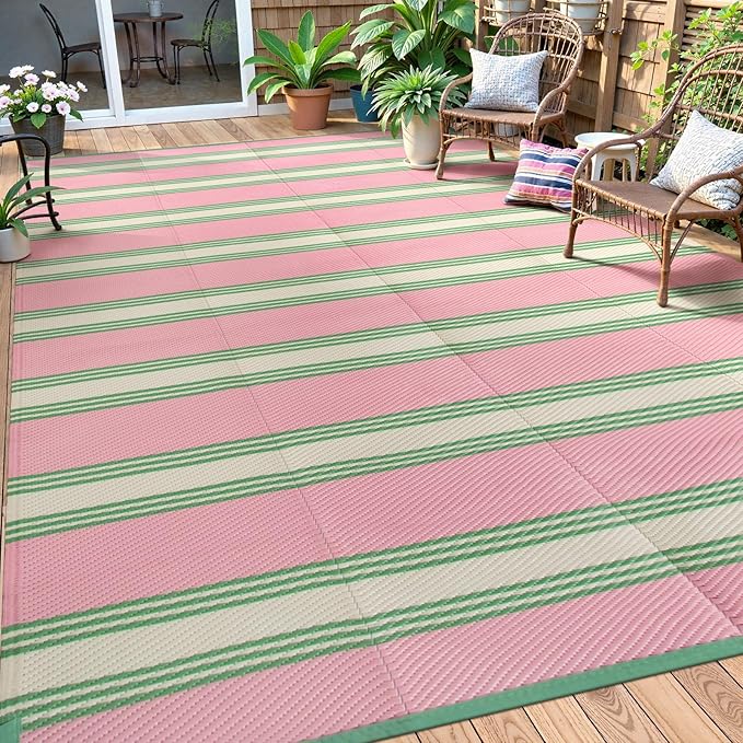 Lahome Striped Outdoor Plastic Straw Rug, Reversible Outdoor Rug Waterproof 9x12 Rugs for Patio, RV Camping Rug Picnic Mat Outside Large Carpet for Beach Deck Backyard Balcony(Pink/Green,9'x 12')