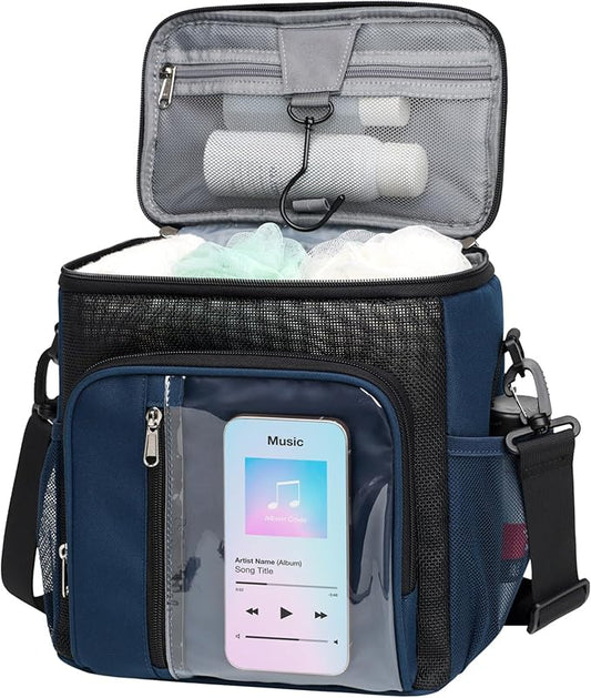 F-color Hanging Shower Caddy Portable - College Dorm Essentials for Girls Guys with Hooks, Soft Crossbody Shoulder Strap, Multiple Pockets, Quick-Dry Shower Bag for Dorm Travel Essentials, Dark Blue