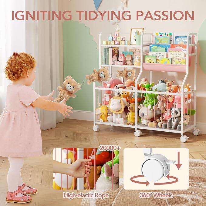 BBLIKE Stuffed Animal Storage Organizer - Rolling Kids Bookshelf and Toy Storage with 3 Tiered Book Display and Toy Chest - Rolling Furniture for Kids Room, Playroom, Bedroom, Nursery, Pink