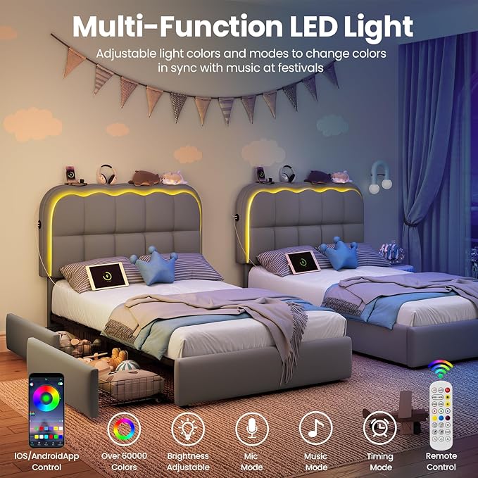 Twin Bed Frame with Storage Drawers and Headborad, Upholstered LED Twin Size Platform Bed Frame for Kids – Sturdy Metal Bed Frame Twin with Wood Slats Support, No Box Spring Needed,Grey