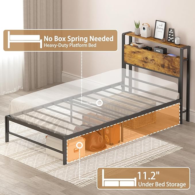 Weehom Twin Bed Frames for Kids, Twin Size Bed with 2 Tiers Wood Shelves Headboard Under Bed Storage Space No Box Spring Needed Heavy Duty Metal Plaform, Brown