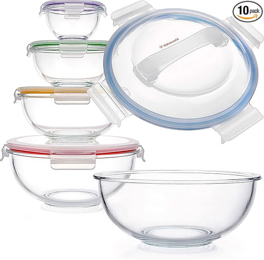 Set of 5 Stackable Space-Saving Nesting Glass Bowls with BPA Free Lids for Foodprep, Storage, Baking, Mixing & Cooking, Microwave Safe - Durable Inert Borosilicate Glass