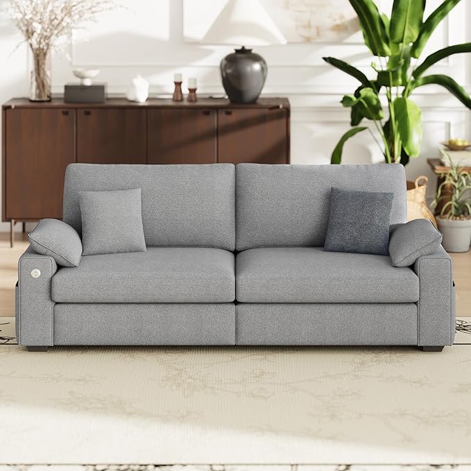 89" Loveseat Sofa, Cloud Foam Couch, 3 Seater Upholstered Midcentury Mondern Love Seat with USB Type C Ports, 4 Pillows and Flip-Open Storage Armrest for Living Room/Small Spaces, Grey
