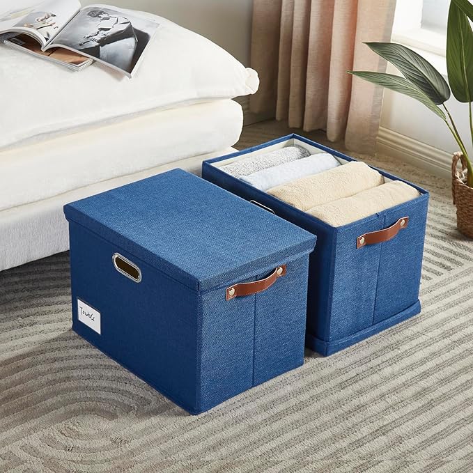 17" Large Collapsible Storage Bins with Lids, Stackable Closet Organizers with PU Handle and Labels, 3-Pack Decorative Fabric Storage Boxes for Home, Bedroom, Closet, Office, Nursery(Navy)