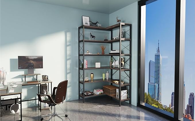 Corner Bookshelf 6-Tier, Tall Book Shelf L-Shaped, Large Etagere Bookcase Industrial Style with Metal Frame for Home Office Shelves