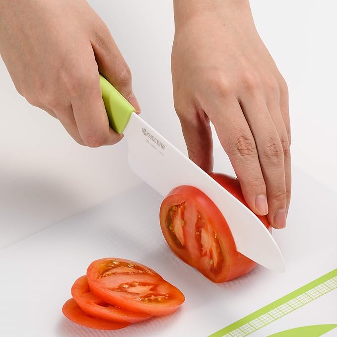 Kyocera’s Revolution Series 5.5” Ceramic Santoku Knife, Chef Knife For Your Cooking Needs, Green Handle, White Blade