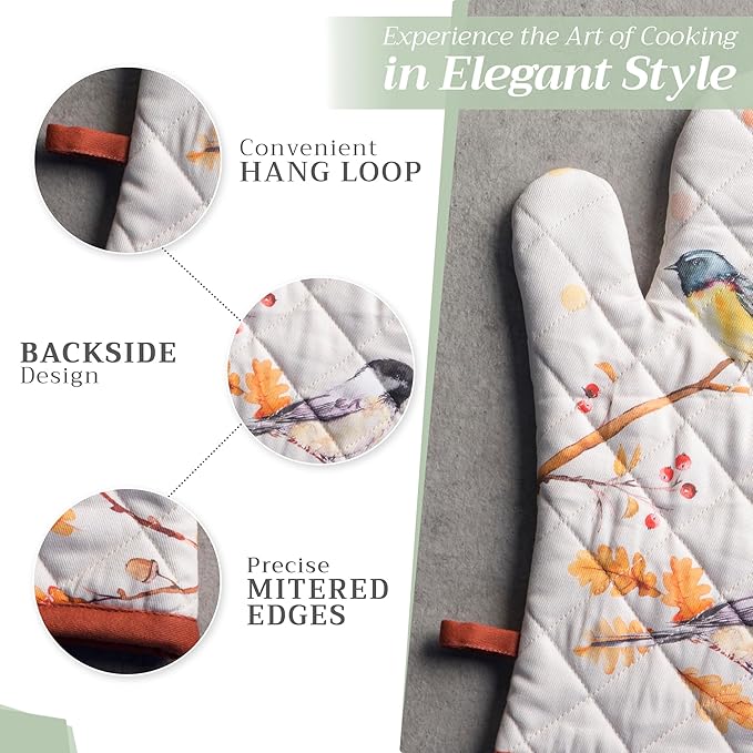 Maison d' Hermine 100% Cotton Oven Mitt & Pot Holder Set (7.5"x13" & 8"x8") Heat Resistant BBQ Cooking Gloves with Loop for Thanksgiving Christmas Decorations Handling Hot Pans (Oak Leaves)