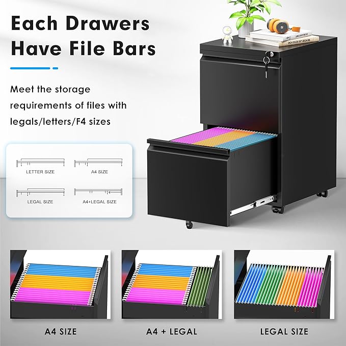 Greenvelly 2 Drawer Mobile File Cabinet with Lock, Metal Filing Cabinet on Wheels, Under Desk File Cabinet for Home Office Organizer Letter/Legal/A4 File (Assembly Required, Black)