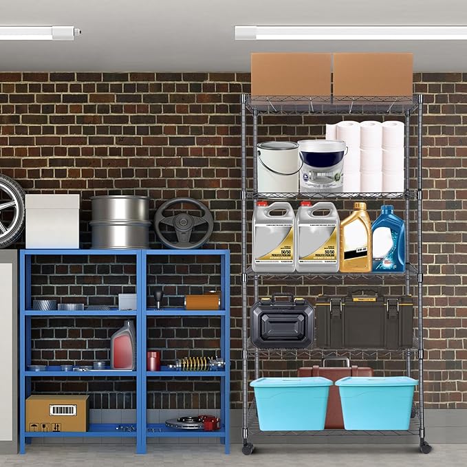 Whitmor 5 Tier Shelving Unit, Adjustable Storage Shelves with Wheels, 400 lbs Capacity per Shelf, Max 2000 lbs Total for Pantry, Kitchen, Garage, 30" L x 14" W x 60" H, Black