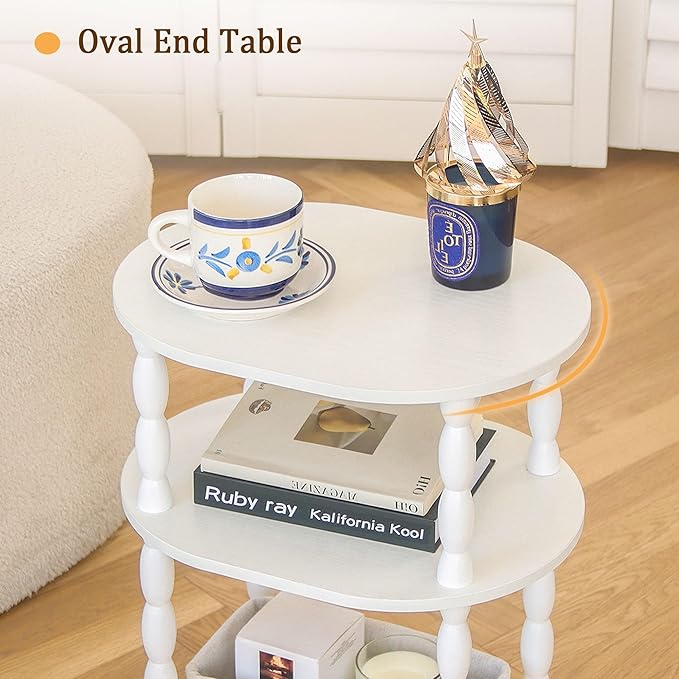 MaxSmeo White Side Table, 3-Tier Small Oval End Table, Modern Night Stand Wood Accent Table for Living Room, Bedroom, White