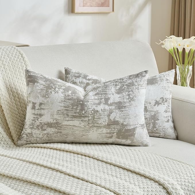FUTEI Grey White Decorative Throw Pillow Covers 12x20 Inch Set of 2,Soft Faux Cashmere Jacquard - Textured & Cozy Pillow Case,Modern Home Decor for Couch Bed Living Room