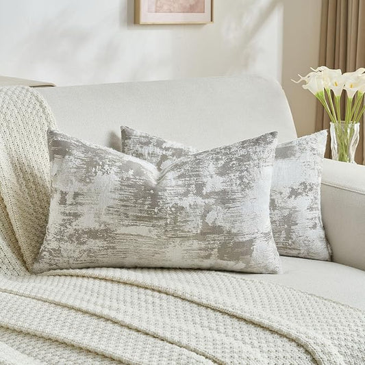 FUTEI Grey White Decorative Throw Pillow Covers 12x20 Inch Set of 2,Soft Faux Cashmere Jacquard - Textured & Cozy Pillow Case,Modern Home Decor for Couch Bed Living Room