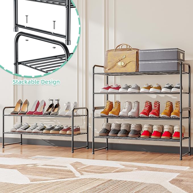 SUFAUY 2-Tier 33" Wide Shoe Rack, Closet Metal Shoe Rack Organizer Heavy Duty, Stackable, Black