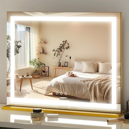 FENNIO 23" x 18" Vanity Mirror with Lights，LED Makeup Mirror，Hollywood Mirror with 3 Color Modes & Adjustable Brightness，Vanity Mirror Square Gold