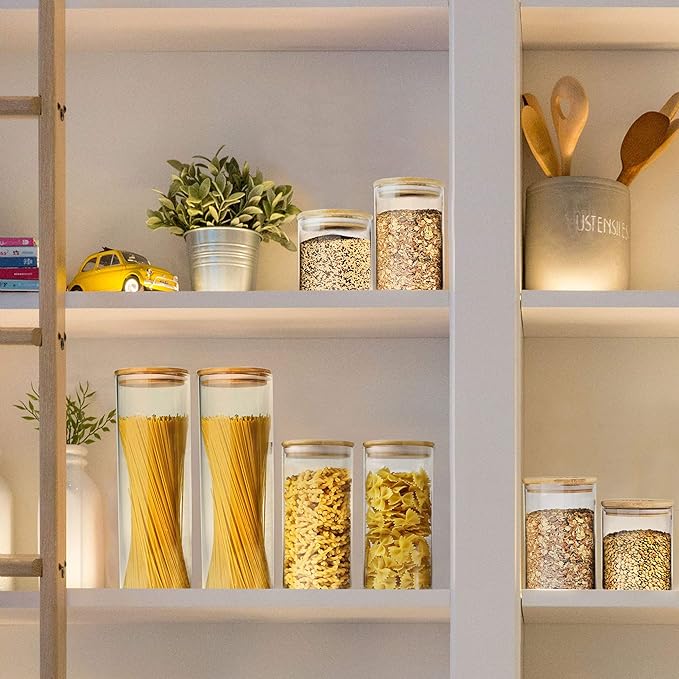 Urban Green Glass Jars with Bamboo Lids, Glass Airtight Canisters sets, Food Storage Container, Pantry Organization and Storage Jars, Kitchen Canisters Sets, Flour Containers of 6