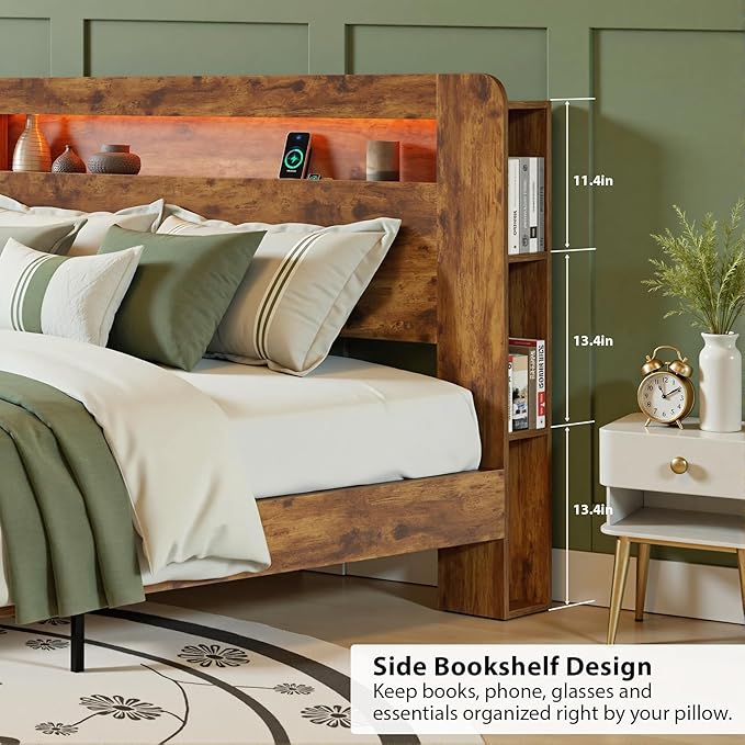 Queen Bed Frame with Headboard, Wooden Platform Bed Frame Queen Size with Bookcase Shelf, LED Lights, Charging Station, Heavy Duty Supports, No Box Spring Needed, Dark Brown