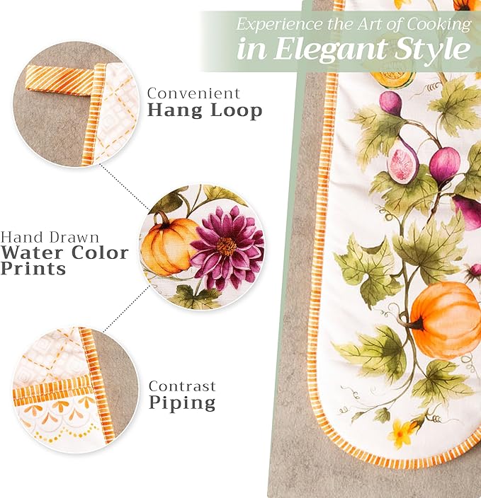 Maison d' Hermine Double Oven Mitt (7" x 35") 100% Cotton Heat Resistant BBQ Cooking Gloves with Loop for Thanksgiving Christmas Decorations Cooking Handling Hot Pan (Pumpkin Garden - Cloudy Cream)