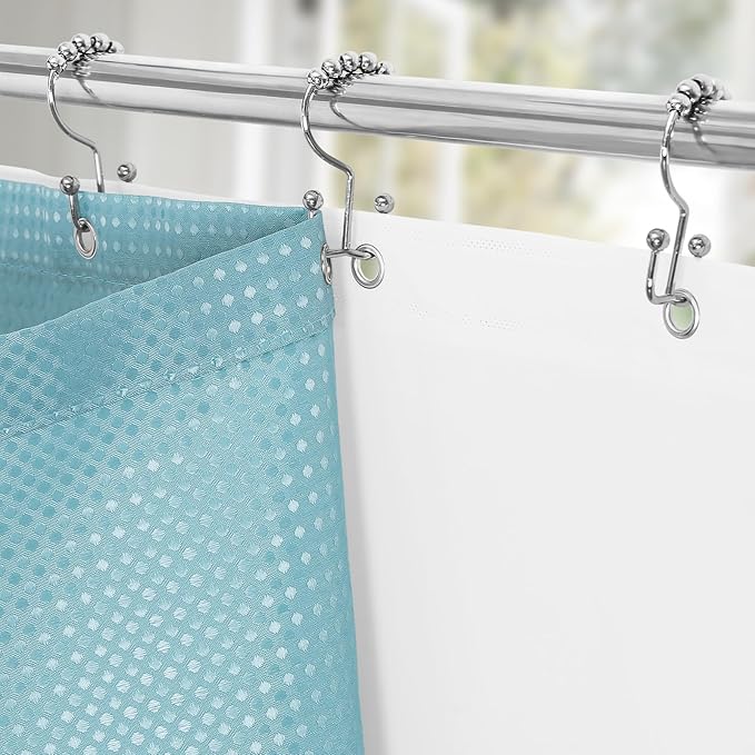 3 in 1 Shower Curtain Set, Teal Blue Waffle Shower Curtain and PEVA Liner Set with 12 Stainless Steel Shower Curtain Hooks, Waterproof Fabric Shower Curtains for Bathroom, 72 W x 72 H