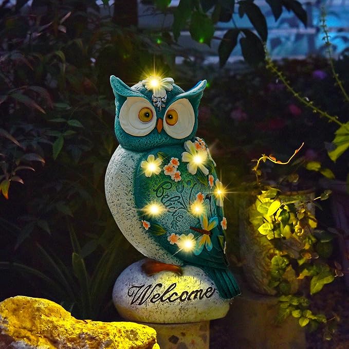 Sungmor Garden Solar Light Landscape Path Lights Lifelike Owl Figurine with LED Lights Waterproof Resin Animal Outdoor Statue Solar Powered Lamp for Outside Patio Yard Lawn Nocturnal Decor