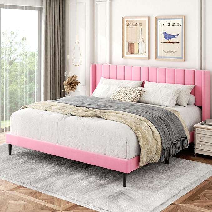 King Size Bed Frame with Wingback Headboard, Upholstered Platform Bed, No Box Spring Needed, Sturdy Wooden Slat Support, Easy Assembly, Pink