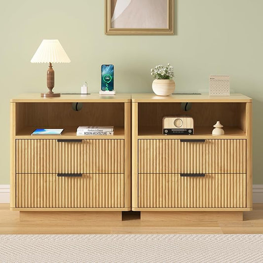 Hommpa 24'' Fluted Nightstand Set of 2 with Charging Station, Modern Bedside Table with Storage, 2 Drawer Beside End Table with Open Shelf, Mid Century Modern Wood Night Stand for Bedroom, Living Room