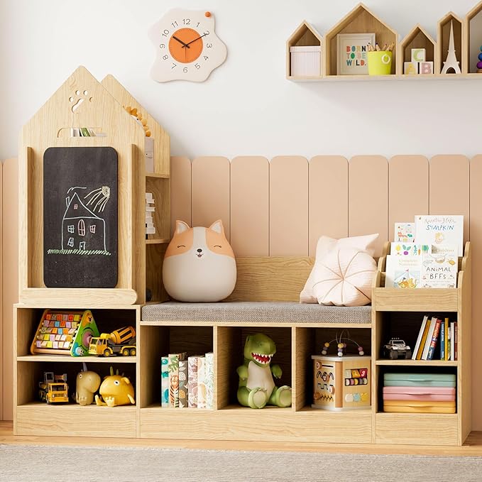 Xilingol Kids Reading Nook with Storage Bench and Chalkboard, Wooden Kids Bookshelf and Toy Storage, Toy Organizer for Boys & Girls, Toddler Reading Nook for Bedroom, Nursery, Playroom, Natural Oak