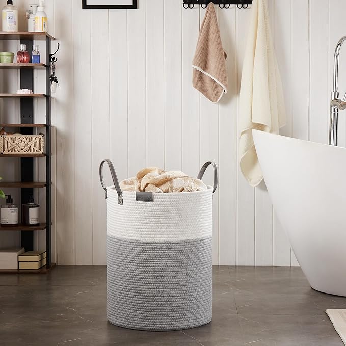 Cotton Rope Laundry Hamper by YOUDENOVA, 58L - Woven Collapsible Laundry Basket - Clothes Storage Basket for Blankets, Laundry Room Organizing, Bedroom Storage, Clothes Hamper – White & Grey