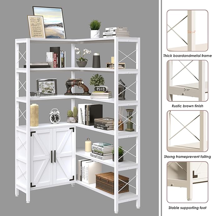 Corner Bookshelves 6 Tier, Farmhouse Wooden Bookcases for Corner, L Shaped Etagere Bookshelf with Storage for Living Room Home Office